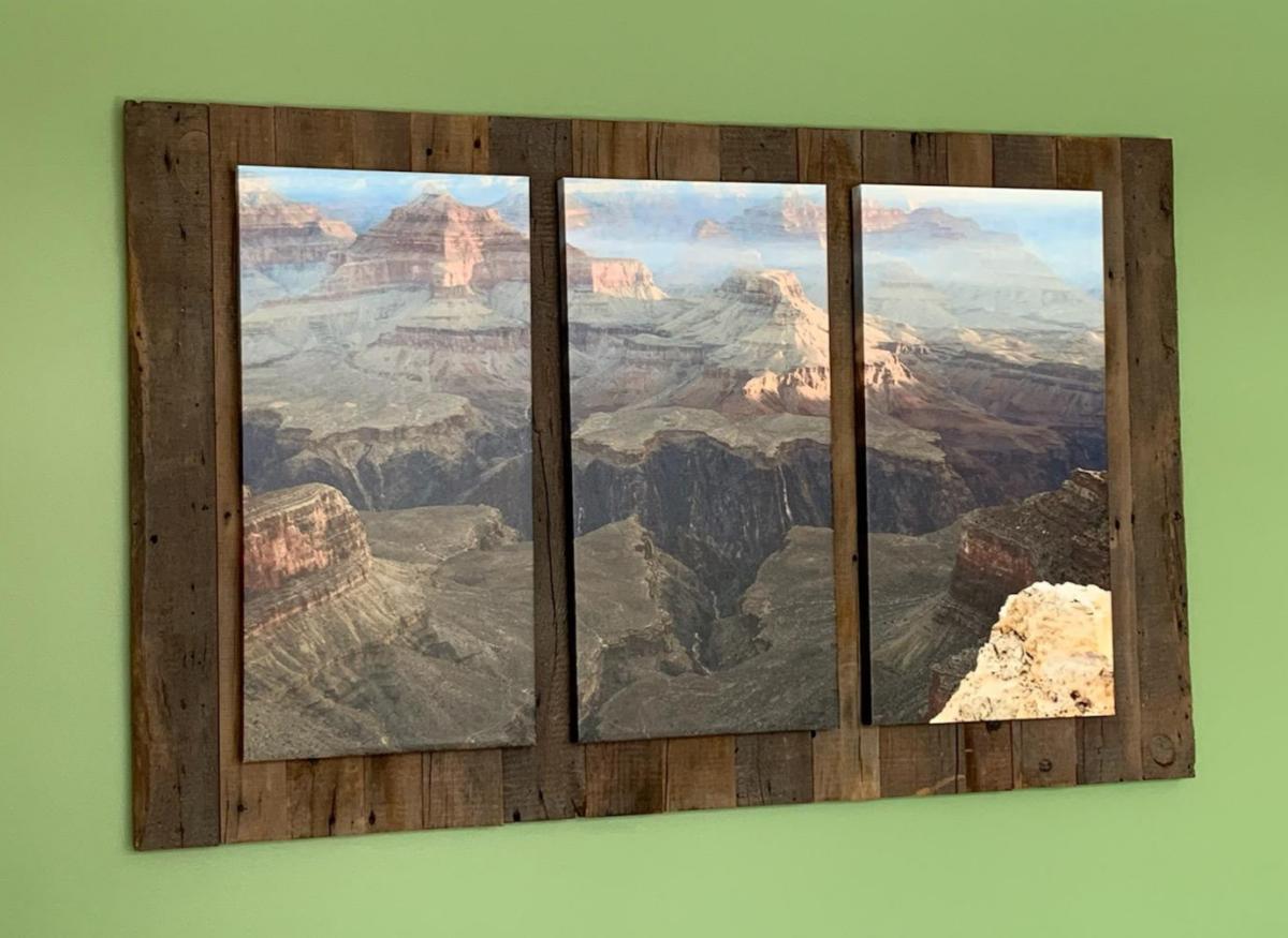 National Parks and specifically The Grand Canyon have all the meaning for this client. Three pieces give it added drama. It's put on true display atop reclaimed barn wood.